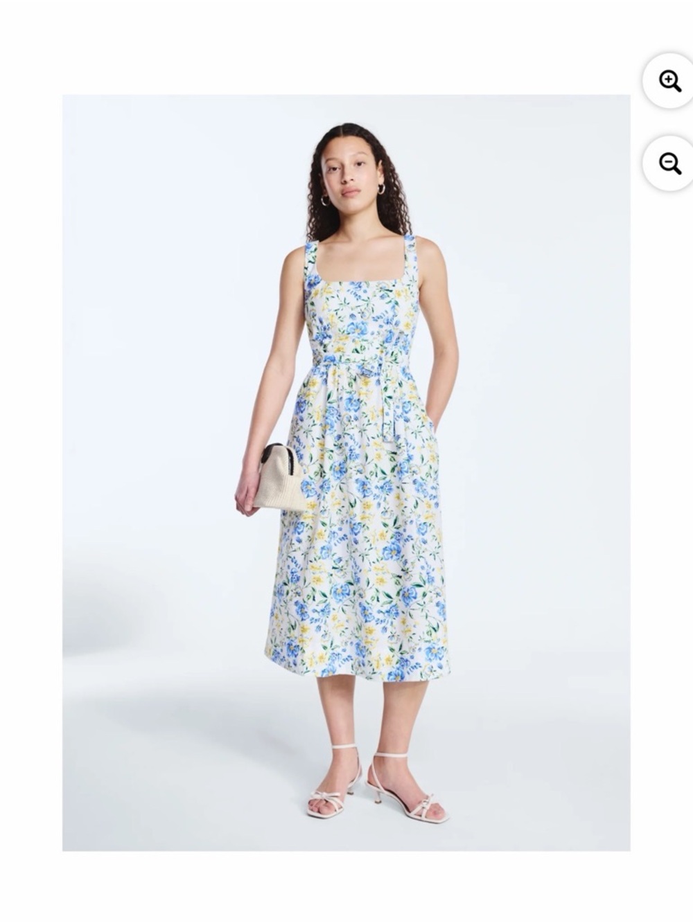 Floral Square-Neck Midi Dress in Blue and Yellow